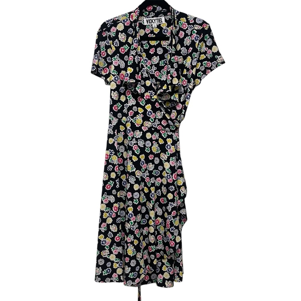 Vicky Tiel Womens Floral Short Sleeved Colorful Wrap Tied Dress Size M